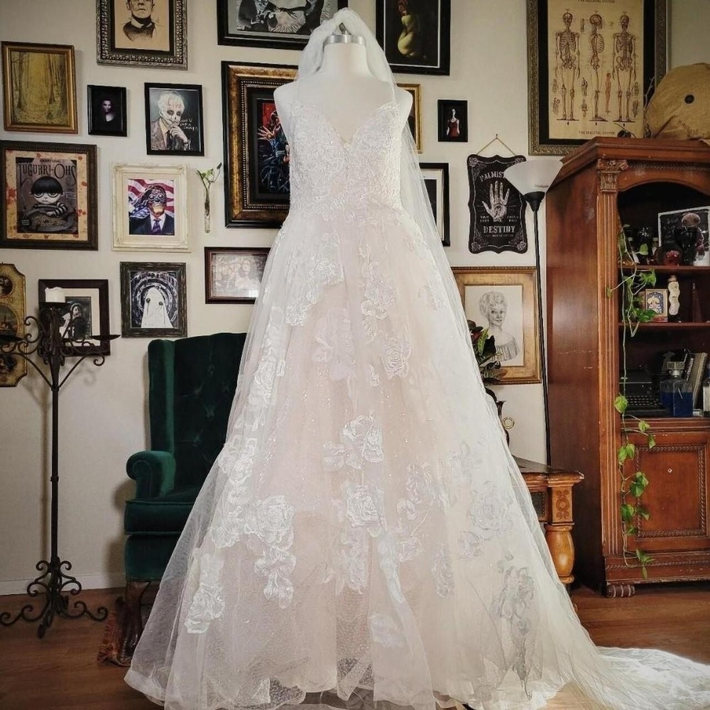 Oleg Cassini Wedding Dress 16W Ivory Lace Glitter Tulle Gown Cathedral Veil Set